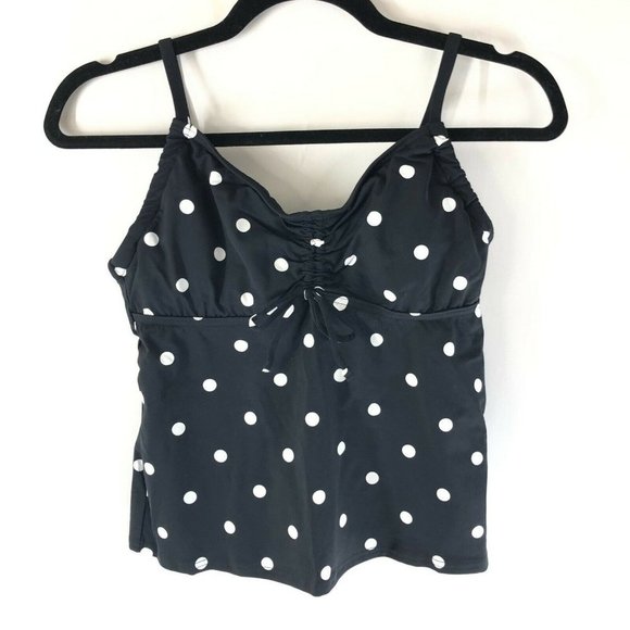 Lands End Tankini Top Underwire Removable Pads V Neck Polka Dot Black White 4P - Picture 1 of 3